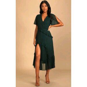 Lulus S Next To You Swiss Polka Dot Ruffled Faux Midi Wrap Dress Emerald Green